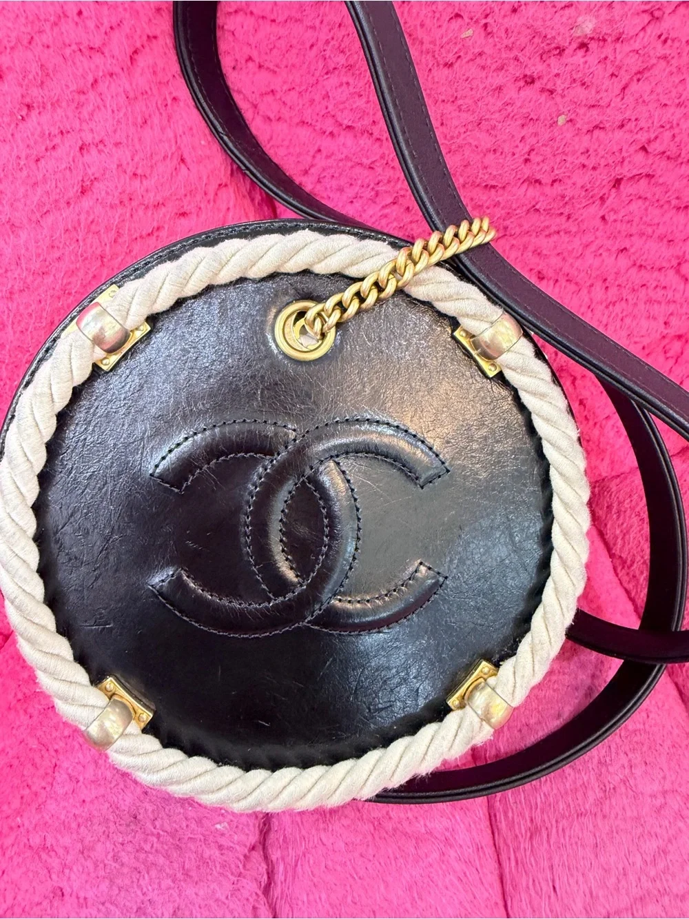 CHANEL Black Round Leather Crossbody with Cream Rope and Gold Hardware
